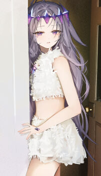1girl absurdres chocosong circlet commentary_request cowboy_shot crop_top door doorway feather_shirt feather_skirt grey_hair highres hololive hololive_english koseki_bijou long_hair looking_at_viewer material_growth midriff open_door parted_lips purple_eyes skirt tank_top very_long_hair virtual_youtuber white_skirt white_tank_top