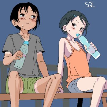 1boy 1girl bad_id bad_twitter_id black_hair blue_background blue_shorts blush bottle camisole flat_chest green_shorts grey_shirt hair_ornament hairclip hetero holding holding_bottle holding_hands inactive_account jaggy_lines loli lowres nipple_slip nipples oekaki orange_camisole original shirt short_hair shorts shota sitting sweatdrop t-shirt tan tanline unmaker water_bottle