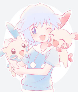 1boy blue_eyes blue_shirt commentary_request drawstring gen_3_pokemon highres meiran37 minun nintendo on_shoulder one_eye_closed open_mouth plusle pokemon pokemon:_destiny_deoxys pokemon_(anime) pokemon_(creature) pokemon_on_shoulder pokemon_rse_(anime) pom_pom_(clothes) pom_pom_drawstring shirt short_hair short_sleeves tory_lund