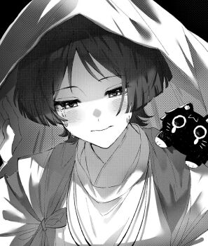 1boy animal animal_on_shoulder animalization black_background blunt_ends blush bow c_ixxp cat cat_on_shoulder closed_mouth clothing_cutout crying crying_with_eyes_open eyelashes fingernails gegege_no_kitarou greyscale half-closed_eyes hand_up hashtag-only_commentary highres japanese_clothes kariginu kimono layered_sleeves looking_down male_focus monochrome parted_bangs person_and_animalization portrait scaramouche_(cat)_(genshin_impact) scaramouche_(genshin_impact) scaramouche_(kabukimono)_(genshin_impact) shoulder_cutout solo sweatdrop tasuki tears veil wispy_bangs