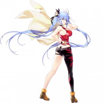 1girl absurdly_long_hair artist_request asymmetrical_pants bare_shoulders black_choker black_ribbon blue_eyes blue_hair breasts brown_footwear brown_gloves bun_cover choker cosplay danngo_kobayashi dougi eyepatch final_gear fingerless_gloves floral_print_pants from_side frown g-string gloves hair_between_eyes hair_bun high_heels holding holding_jacket holding_unworn_clothes jacket karate_gi kirishima_kanna kirishima_kanna_(cosplay) kneepits large_breasts leg_up long_hair long_sleeves looking_at_viewer mismatched_pants official_art one_eye_covered pants red_tank_top ribbon sakura_taisen sega serious sideboob single_bare_leg solo standing standing_on_one_leg tachi-e tank_top third-party_source thong torn_clothes torn_pants transparent_background twintails twisted_torso two-tone_footwear unworn_jacket v-shaped_eyebrows very_long_hair whale_tail_(clothing) white_ribbon yellow_jacket yellow_sleeves yin_yang yin_yang_print