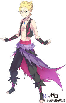 1boy abs absurdres arm_garter bandaged_leg bandages belt black_bandages black_belt black_gloves black_pants blonde_hair clenched_teeth collarbone commentary_request copyright_name cross_scar english_text fingerless_gloves full_body garfiel_tinsel gloves green_eyes hair_slicked_back highres jewelry long_hair looking_at_viewer necklace official_art ootsuka_shin&#039;ichirou pants pectorals re:zero_kara_hajimeru_isekai_seikatsu sarashi sash scar scar_on_face sharp_teeth short_hair simple_background smile solo standing tachi-e teeth title tsurime v-shaped_eyebrows very_long_hair white_background