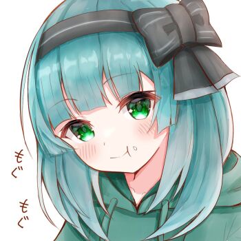 Rule 34 | 1girl, :t, akagi rumi, aqua hair, black bow, black hairband, blunt bangs, blush, bow, closed mouth, commentary request, eating, food, food on face, frapan pan, green eyes, green hoodie, hair bow, hairband, heaven burns red, hood, hood down, hoodie, looking at viewer, medium hair, portrait, simple background, smile, solo, sound effects, split mouth, white background