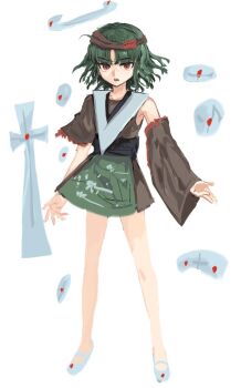 1other androgynous apron bare_legs blunt_bangs brown_hakama brown_headband brown_shirt brown_sleeves chinese_commentary commentary_request cross detached_sleeves determined fringe_trim full_body green_apron green_hair hakama hakama_short_skirt hakama_skirt headband japanese_clothes knees legs_apart len&#039;en long_sleeves looking_at_viewer mary_janes open_mouth other_focus para_(len&#039;en) para_(len&#039;en)_(oni) parted_bangs print_apron red_eyes shian_(user_ymcy3584) shirt shoes short_hair short_sleeves simple_background single_bare_shoulder single_detached_sleeve single_sleeve skirt solo split_ends standing tachi-e teeth tsurime upper_teeth_only waist_apron white_background white_shoes wide_sleeves