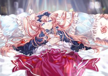 1girl blue_eyes bow flower frills game_cg harpae kirame_kirai non-web_source official_art on_bed petals pink_flower pink_hair pink_rose pocket_mirror rose rose_petals striped_bow wrist_cuffs