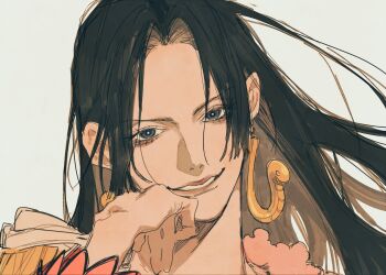 1girl black_hair blue_eyes boa_hancock cape close-up commentary earrings epaulettes eyelashes floating_hair head_rest highres hood hooded_cape jewelry long_hair long_sleeves mnnd one_piece sidelocks simple_background smile snake_earrings solo symbol-only_commentary