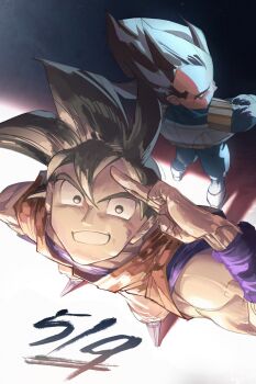Rule 34 | 2boys, armor, back-to-back, black eyes, black hair, blue bodysuit, blue shirt, bodysuit, boots, crossed arms, dated, dougi, dragon ball, dragonball z, from above, goku day, highres, male focus, multiple boys, muscular, muscular male, orange pants, orange shirt, pants, saiyan armor, salute, shirt, son goku, spiked hair, terminal 000, two-finger salute, vegeta, white armor, white boots