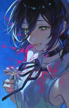 1girl absurdres black_choker black_hair black_ribbon blue_background chainsaw_man choker cigma collared_shirt flower green_eyes grenade_pin grey_shirt hair_between_eyes highres holding holding_flower neck_ribbon reze_(chainsaw_man) ribbon shirt sleeveless sleeveless_shirt solo white_flower