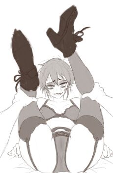 1girl absurdres anus ass ass_focus bent_over black_shoes black_shorts bra breasts grin highres huge_ass large_breasts legs legs_up licking licking_lips lingerie original panties self-upload shirt shoes shorts sitting smile thick_thighs thighs tongue tongue_out tsuicaa underwear