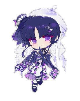 1girl black_gloves black_hair black_hat black_kimono butterfly_hair_ornament chibi chibi_only closed_mouth full_body gloves hair_ornament hashtag-only_commentary hat highres holding holding_umbrella housho_margo japanese_clothes kimono lolita_fashion long_sleeves looking_at_viewer mahou_shoujo_no_majo_saiban pantyhose parted_bangs purple_eyes short_hair smile solo standing sui_is_dead top_hat umbrella wa_lolita white_background white_pantyhose wide_sleeves