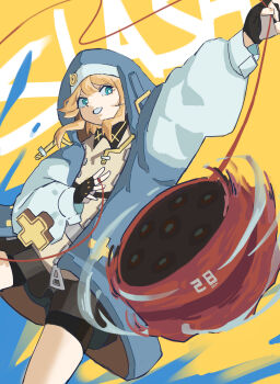 1boy 2022 absurdres androgyne_symbol androgynous arc_system_works arm_up beige_dress black_gloves black_shorts black_skirt blonde_hair blue_hoodie bridget_(guilty_gear) clenched_hand commentary crossed_arms detached_collar dom1 dress english_commentary fingerless_gloves foreshortening gameplay_mechanics gloves green_eyes grin guilty_gear guilty_gear_strive headdress highres holding holding_weapon hood hood_up hooded_jacket hoodie jacket long_sleeves male_focus motion_blur pleated_skirt puffy_long_sleeves puffy_sleeves shorts simple_background skirt smile solo sound_effects spread_fingers trap weapon yellow_background yo-yo