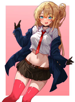 1girl bakasp-lilzy belt belt_buckle black_choker black_gloves black_skirt blazer blonde_hair blue_eyes blue_jacket blush border breasts buckle center-flap_bangs choker commentary crop_top cropped_shirt double-parted_bangs dutch_angle english_commentary feet_out_of_frame gloves groin hand_up highres jacket long_hair long_sleeves looking_at_viewer medium_breasts microskirt midriff navel necktie one_side_up open_clothes open_jacket open_mouth original outside_border pink_background pleated_skirt red_belt red_necktie red_thighhighs school_uniform shirt skirt solo thighhighs white_border white_shirt zettai_ryouiki
