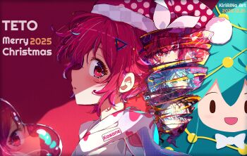 2girls absurdres artist_name character_name commentary dated drill_hair from_side fuwapuchi hat hatsune_miku highres hood hood_down hoodie kasane_teto kiriaina looking_at_viewer merry_christmas multiple_girls parted_lips polka_dot_headwear pom_pom_(clothes) portrait profile red_eyes red_hair red_hat short_hair twin_drills utau vocaloid white_hoodie