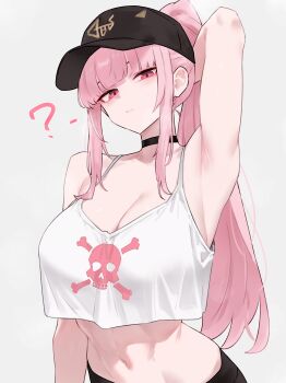 1girl ? absurdres arm_behind_head arm_up armpits bare_arms baseball_cap black_choker black_hat black_pants black_shorts bluefield blunt_bangs breasts choker cleavage commentary crop_top crop_top_overhang expressionless grey_background hat highres hololive hololive_english large_breasts long_hair looking_at_viewer midriff mori_calliope mori_calliope_(streetwear) navel official_alternate_costume pants pink_eyes pink_hair presenting_armpit shorts sidelocks simple_background skull_and_crossbones skull_print solo stomach straight_hair tank_top very_long_hair virtual_youtuber white_tank_top