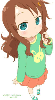 1girl brown_hair character_name closed_mouth commentary_request dated flower full_body green_eyes green_footwear green_shirt hair_flower hair_ornament hand_in_own_hair highres kobayashi-san_chi_no_maidragon light_blush long_hair long_sleeves looking_at_viewer orange_flower pleated_skirt red_skirt saikawa_riko samansa_ex shirt skirt socks solo standing white_socks