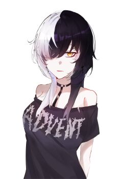 1girl absurdres black_choker black_hair black_shirt breasts choker collarbone hair_over_one_eye highres hololive hololive_english kurochanai large_breasts light_blush long_hair multicolored_hair off-shoulder_shirt off_shoulder parted_lips shiori_novella shirt simple_background solo split-color_hair two-tone_hair virtual_youtuber white_background white_hair yellow_eyes