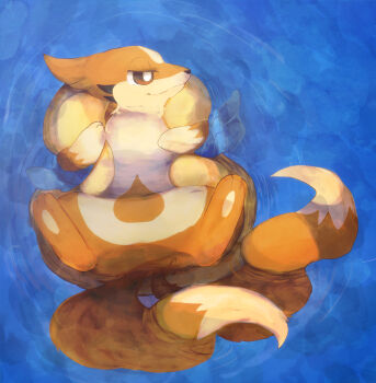 afloat animal_focus bad_id bad_pixiv_id banchiku blue_background brown_eyes closed_mouth floatzel from_above gen_4_pokemon half-closed_eyes highres looking_to_the_side multiple_tails nintendo no_humans partially_submerged pawpads pokemon pokemon_(creature) solo spread_legs tail two_tails water