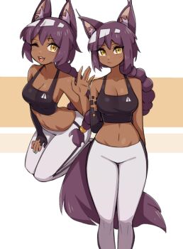 1girl animal_ear_fluff animal_ears black_tank_top breasts cat_ears cat_girl cat_tail cleavage closed_mouth collarbone commentary crop_top dark-skinned_female dark_skin double-parted_bangs english_commentary hand_up highres long_hair looking_at_viewer medium_breasts midriff multiple_views one_eye_closed oninuer open_mouth original pants purple_hair smile tail tank_top white_pants yellow_eyes