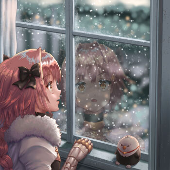 Rule 34 | 1boy, aged down, androgynous, astolfo (fate), black bow, bow, braid, cape, commentary request, fang, fate/apocrypha, fate/grand order, fate (series), fur-trimmed cape, fur trim, gauntlets, hair bow, hair intakes, hippogriff (fate), hirokazu (analysis-depth), long hair, looking outside, male focus, multicolored hair, open mouth, orange eyes, pink hair, pixiv fate/grand order contest 2, purple eyes, single braid, skin fang, snow, solo, streaked hair, stuffed toy, white cape, white hair, window