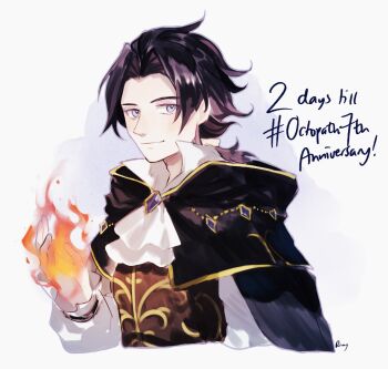 1boy anniversary ascot aubz black_hair closed_mouth commentary copyright_name countdown cyrus_albright english_commentary english_text highres holding_flame looking_at_viewer male_focus octopath_traveler octopath_traveler_i short_hair smile solo white_ascot white_background