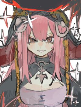 1girl bad_id bad_twitter_id black_hood black_jacket breasts brown_eyes chamopichamo cleavage grey_tube_top grin highres hololive hololive_english jacket long_hair mori_calliope mori_calliope_(jigoku_6) pink_hair sidelocks simple_background smile solo sparkle strapless tube_top very_long_hair white_background