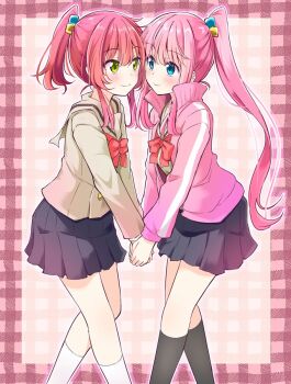 2girls alternate_hairstyle black_skirt black_socks blue_eyes blush bocchi_the_rock! bow brown_jacket cube_hair_ornament feet_out_of_frame gotoh_hitori green_eyes hair_ornament holding_hands ichimi jacket kita_ikuyo long_hair looking_at_another multiple_girls pink_hair pink_jacket red_bow red_hair school_uniform shuka_high_school_uniform skirt smile socks standing white_socks