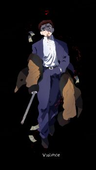 1boy bandaid bandaid_on_chin bandaid_on_face banknote belt black_belt black_eyes black_shoes blood blood_on_clothes blood_on_face bloody_weapon blue_jacket blue_pants broken_heart brown_coat brown_hair buttons closed_mouth coat commentary_request english_text full_body fur-trimmed_coat fur_trim furrowed_brow hand_in_pocket head_tilt heart highres holding holding_lead_pipe jacket lapels lead_pipe looking_at_viewer male_focus money nosebleed off_shoulder onizuka_(rokudenashi_blues) open_collar pants partial_commentary rokudenashi_blues ruchi_(nxje5533) sanpaku shaded_face shirt shoes short_hair simple_background solo straight-on very_short_hair walking weapon white_shirt