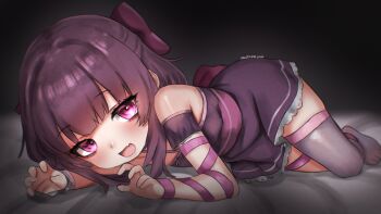 1girl :d arm_ribbon artist_name autreeyah bare_shoulders bed_sheet blunt_bangs bow claw_pose detached_sleeves dress fallenshadow fallenshadow_(1st_costume) fang flat_chest hair_bow half_updo hands_up highres indie_virtual_youtuber leg_ribbon light_blush looking_at_viewer lying no_shoes on_side open_mouth pink_eyes purple_bow purple_dress purple_hair purple_ribbon purple_sash purple_sleeves purple_thighhighs ribbon sash short_dress short_sleeves sidelocks single_thighhigh skin_fang sleeveless sleeveless_dress smile solo spaghetti_strap thighhighs virtual_youtuber