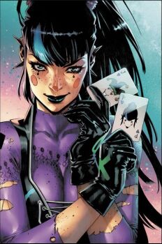 1girl batman_(series) brittany_brittanyredinger card commentary dc_comics ear_piercing english_commentary eyeshadow gloves makeup multicolored_hair piercing playing_card punchline_(dc) solo torn_clothes two-tone_hair