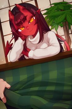 1girl blunt_bangs blush breasts colored_skin demon_girl demon_horns demon_tail door freckles highres horns indoors kotatsu large_breasts long_hair looking_at_viewer meruccubus_(merunyaa) merunyaa mole mole_under_eye oni original pointy_ears red_oni red_skin skin-covered_horns smile solo_focus sweater table tail white_sweater yellow_eyes