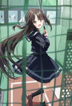 1girl :d black_sailor_collar black_serafuku black_shirt black_skirt black_socks bow brown_eyes commentary_request hair_bow highres holding long_hair long_sleeves looking_at_viewer open_mouth original pentagon_(railgun_ky1206) sailor_collar school_uniform serafuku shirt shoes skirt smile socks standing standing_on_one_leg very_long_hair