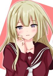 Rule 34 | 1girl, arm at side, assault lily, blonde hair, blunt bangs, blush, brown sailor collar, commentary request, ebisu nobu, hand on own cheek, hand on own face, hand up, highres, jewelry, kanba girls high school uniform, light smile, long sleeves, looking at viewer, miyagawa takane, neckerchief, parted lips, purple eyes, rectangle, red background, red shirt, ring, sailor collar, school uniform, serafuku, shirt, single sidelock, solo, two-tone background, upper body, white background, white neckerchief