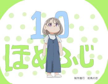 1girl bare_arms blank_stare bow brown_hair casual dress hair_between_eyes hair_bow highres long_dress mmmkawaine mono_(afro) polka_dot polka_dot_background shikishima_sakurako solo standing swept_bangs