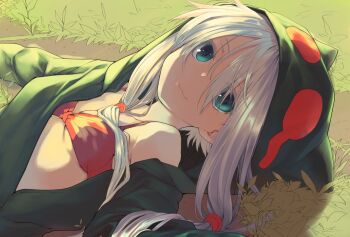 1girl :3 aqua_eyes bra breasts close-up closed_mouth commentary_request dandelion evening flower grass green_jacket hair_between_eyes hood hood_up hooded_jacket jacket long_sleeves low_twintails lying midori_no_ruupe on_back open_clothes open_hand open_jacket original outdoors outstretched_arm outstretched_arms pink_ribbon red_bra ribbon small_breasts smile solo spread_arms twintails underwear upper_body white_hair