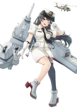 1girl absurdres agano_(kancolle) aircraft alternate_costume alternate_weapon anchor black_necktie black_thighhighs breasts commission garter_straps gloves hat helicopter highres jacket japan_maritime_self-defense_force japan_self-defense_force js_agano_(ffm-6) k_jie kantai_collection large_breasts medium_breasts military miniskirt necktie one_eye_closed open_mouth pencil_skirt pixiv_commission rigging round_teeth short_sleeves shoulder_plates single_garter_strap single_thighhigh skirt smile teeth thighhighs upper_teeth_only v weapon white_gloves white_jacket white_skirt