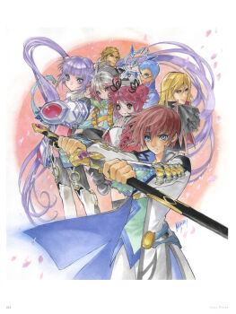 3girls 4boys absurdres armor asbel_lhant blonde_hair blue_eyes blue_hair brown_eyes brown_hair cheria_barnes coat expressionless glasses gloves highres holding holding_sword holding_weapon hubert_ozwell inomata_mutsumi long_hair looking_to_the_side malik_caesars medium_hair multiple_boys multiple_girls non-web_source official_art open_clothes open_coat pascal_(tales) petals purple_eyes purple_hair red_hair richard_(tales) scan sheath short_hair smile sophie_(tales) sword tales_of_(series) tales_of_graces traditional_media twintails unsheathing very_long_hair weapon
