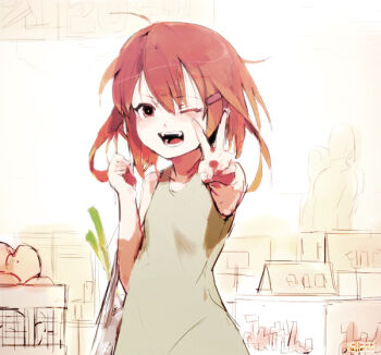 1girl alternate_costume bad_id bag brown_eyes brown_hair dress fangs green_dress hageshii_nakano hair_between_eyes hair_ornament hairclip ikazuchi_(kancolle) indoors kantai_collection looking_at_viewer one_eye_closed open_mouth short_hair sleeveless sleeveless_dress solo spring_onion v