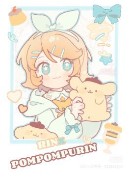 1girl :3 blonde_hair blue_eyes blue_outline blush_stickers bow bow_hairband character_name closed_mouth commentary dot_nose drawstring fanqiealxe green_bow hair_ornament hairband hairclip highres hood hood_down hoodie kagamine_rin long_sleeves looking_at_viewer outline parallel_hairclips pompompurin sanrio short_hair sleeve_bow smile star-shaped_pupils star_(symbol) symbol-only_commentary symbol-shaped_pupils upper_body vocaloid white_hairband white_hoodie