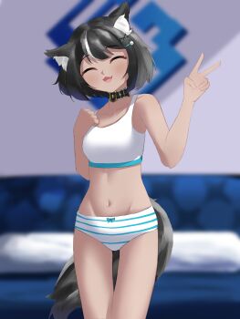 1girl animal_ears bed belly bow bra closed_eyes commission dog_ears dog_girl dog_tail fangsie_fido highres indoors knee_up knees_up looking_at_viewer magnifying_glass navel panties ribbon solo standing striped_clothes striped_panties table tail thighhighs thighs underwear v variance_project virtual_youtuber white_bra white_panties