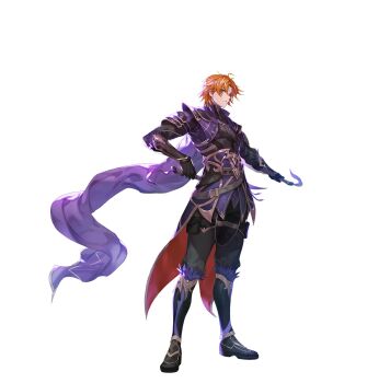 1boy armor artist_request belt black_armor black_boots black_pants boots brown_belt brown_trim commentary commentary_request dual_wielding english_commentary frown full_body green_eyes highres holding holding_behind_back holding_sword holding_sword_behind_back holding_weapon holding_weapon_behind_back king&#039;s_raid korean_commentary long_scarf mixed-language_commentary official_alternate_costume official_art orange_hair pants pouch purple_armor purple_fur purple_scarf roi_(king&#039;s_raid) scarf second-party_source shin_guards short_hair simple_background solo sword thigh_pouch weapon white_background