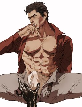 1boy abs bara bare_pectorals black_hair blush bulge erection erection_under_clothes gloved_handjob gloves handjob highres kiryu_kazuma large_pectorals leather leather_gloves male_focus male_underwear mature_male muscular muscular_male no_jacket open_pants pants pectorals penis red_shirt ryuu_ga_gotoku_(series) ryuu_ga_gotoku_1 shirt solo_focus sotenborinpc spread_legs underwear wince