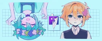 Rule 34 | 2boys, antenna hair, bad id, bad twitter id, basil (faraway) (omori), basil (headspace) (omori), basil (omori), black sweater vest, blonde hair, blue eyes, blue overalls, blush, closed eyes, collared shirt, commentary request, crying, crying with eyes open, dual persona, flower, flower wreath, green hair, green shirt, hair flower, hair ornament, head wreath, highres, inactive account, male focus, multiple boys, omori, open mouth, overalls, pale skin, revision, shirt, short hair, short sleeves, smile, sweater vest, t-shirt, tears, tokkooyaku, white shirt