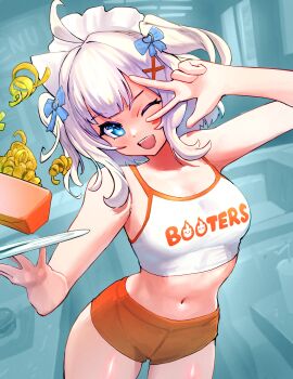 1girl absurdres ahoge blue_eyes bow breasts burger commentary crop_top curly_fries densetsu.exe english_commentary flat_chest food french_fries ghost_girl gradient_hair green_hair hair_bow hair_ornament highres hooters maid_headdress midriff mint_fantome multicolored_hair navel no_legwear one_eye_closed open_mouth orange_shorts plate short_shorts shorts small_breasts smile thighs triangular_headpiece v virtual_youtuber white_hair x_hair_ornament yodokogon