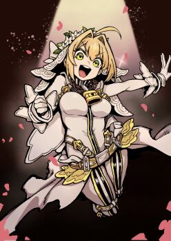 Rule 34 | 1girl, :d, ahoge, amaya 5321, belt, blonde hair, bodysuit, bouncing breasts, breasts, chain, double-parted bangs, excited, fate/grand order, fate (series), floating, flower, gloves, hair between eyes, hair intakes, head wreath, heart, highres, lock, looking at viewer, medium breasts, nero claudius (bride) (fate), nero claudius (fate), open mouth, padlock, petals, short hair, smile, solo, standing, teeth, upper teeth only, veil, white bodysuit, white gloves