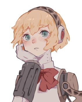 Rule 34 | 1girl, absurdres, aigis (persona), android, aqua eyes, blonde hair, blush, bow, bowtie, gold hairband, hairband, hand up, head rest, highres, joints, looking at viewer, parted lips, persona, persona 3, portrait, red bow, red bowtie, robot ears, robot joints, short hair, simple background, solo, tbjj1208, white background