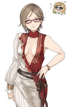 Rule 34 | 2girls, aikawa chinatsu, bare shoulders, blonde hair, bracelet, breasts, cleavage, collarbone, dress, gatsby ssl, glasses, hand on own hip, highres, idolmaster, idolmaster cinderella girls, jewelry, long sleeves, medium breasts, multiple girls, ohtsuki yui, red ballad (idolmaster), red dress, short hair, sleeveless