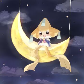 brown_eyes clothed_pokemon cloud commentary crescent_moon full_body gen_3_pokemon highres jirachi legendary_pokemon moon mythical_pokemon night night_sky nintendo no_humans on_crescent open_clothes open_mouth open_shirt outdoors pika25jira0385 pokemon pokemon_(creature) pokemon_focus purple_shirt shirt sitting sky smile solo star_(sky) starry_sky string symbol-only_commentary tanzaku