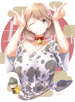 1boy 1girl ;) absurdres animal_print bell blush breasts brown_eyes brown_hair chibi chibi_inset choker commentary commentary_request cow_girl cow_print gamon_yuuta hair_ornament heart heart_hair_ornament highres horns_pose large_breasts long_hair looking_at_viewer narusawa_ryouka neck_bell occultic;nine one_eye_closed science_adventure shirt short_hair signature smile tied_shirt upper_body yakku
