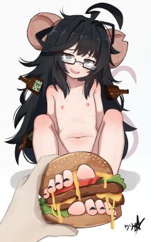 1girl 1other absurdres ahoge animal_ears armpit_crease bare_shoulders barefoot black_hair black_nails blush boppin bottle burger collarbone commission convenient_censoring feet feet_burger_(meme) feet_in_food flat_chest food foreshortening glasses grey_background highres holding holding_burger holding_food indie_virtual_youtuber loli long_hair looking_at_viewer meme mole mole_under_mouth mouse_ears mouse_girl nail_polish navel nipples nude pixiv_commission pov ririgaki shadow signature sitting solo_focus stomach toenail_polish toenails toes very_long_hair virtual_youtuber