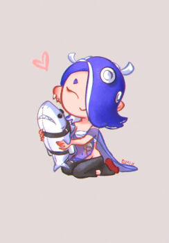 1girl ^_^ black_pants black_socks blue_shawl chest_sarashi closed_eyes closed_mouth commentary_request earrings full_body grey_background hairband heart highres holding holding_stuffed_toy jewelry long_hair multiple_earrings navel nintendo octoling okobo pants platform_sandals sandals sarashi shawl shiver_(deep_cut_outfit)_(splatoon) shiver_(splatoon) short_eyebrows simple_background sitting smile socks solo somakusha splatoon_(series) splatoon_3 stuffed_animal stuffed_shark stuffed_toy tabi tentacle_hair thick_eyebrows tooth_earrings white_hairband